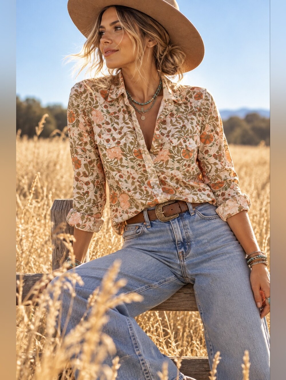 Stetson Floral Western Pearl Snap Shirt Cream Orange Medium